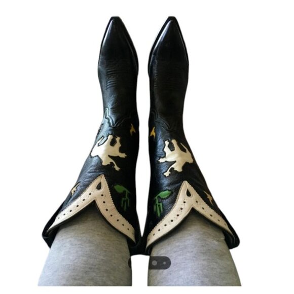 Larry Mahan Vintage Rare Rodeo Black White Red Cowgirl Cowboy Western Boots 7 B - Picture 2 of 16